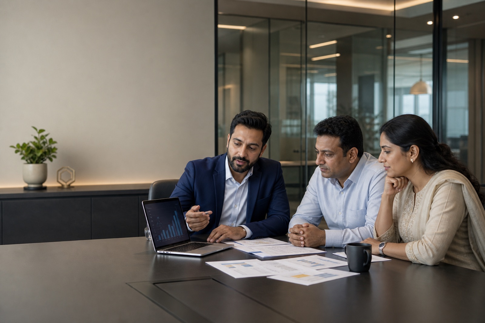 Illustrative image of a financial advisor discussing funding options with Indian business owners