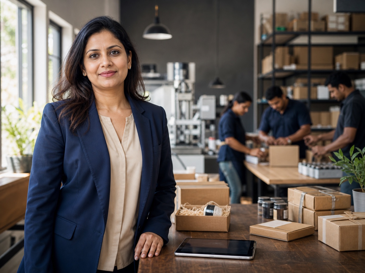 Illustrative image of an Indian MSME founder in her business workspace